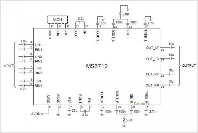 MS6712 4 Stereo Inputs And 4-Channel Outputs Volume Tone Balance Fader Loudness And Selectable Input Gain – Circuit Schematic