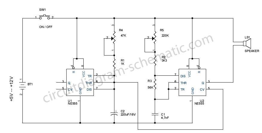 Noise-producing sound effects using NE555 – Circuit Schematic