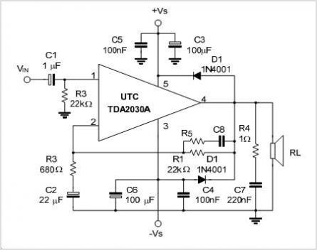 TDA2030AL-TA5-T 18W Hi-Fi Audio Power Amplifier And 35W Driver circuit