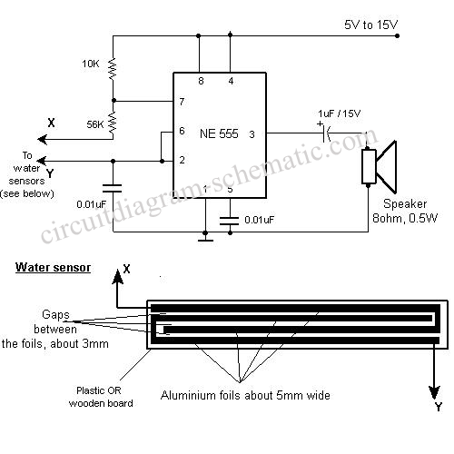 simple rain alarm circuit using ne 555 – Circuit Schematic