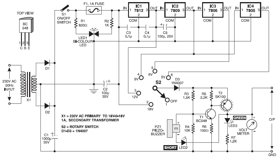 Stabilized DC Power Supply with Short-Circuit Indication – Circuit Schematic