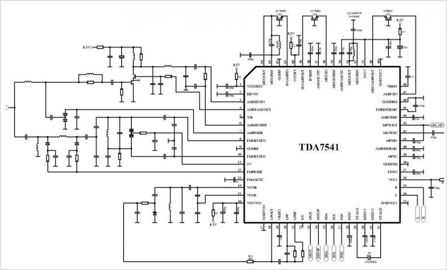 TDA7541 AM/FM Car Radio Tuner IC With Stereo Decoder And Intelligent Selectivity System – Circuit Schematic