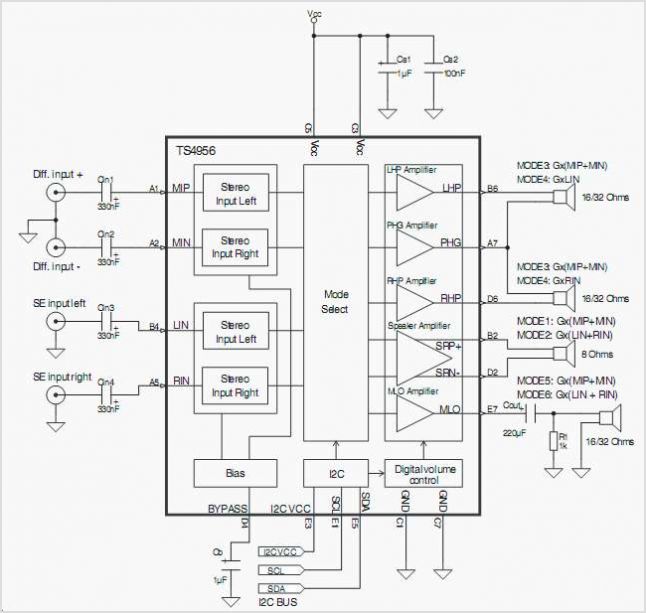 TS4956 Stereo Audio Amplifier System With I2C Bus Interface – Circuit Schematic