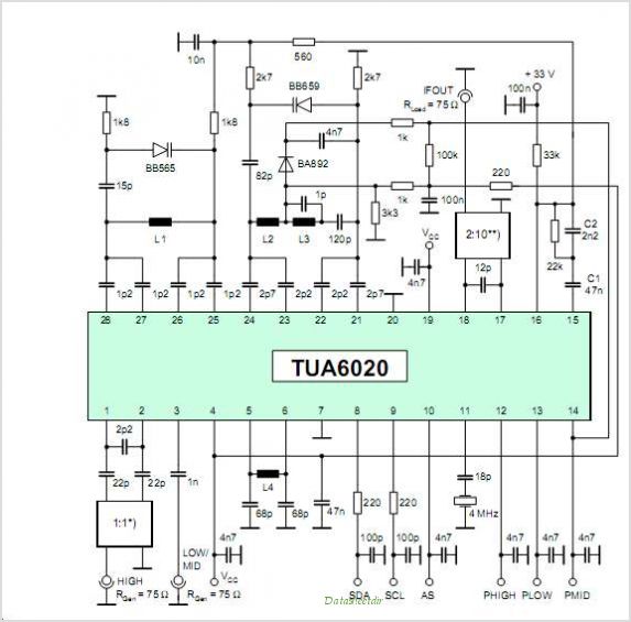 TUA6020 Stationary - MOPLL & Silicon Tuner 2 Band TV Tuner Mixer-Oscillator-PLL With Balanced IF-Amplifier – Circuit Schematic