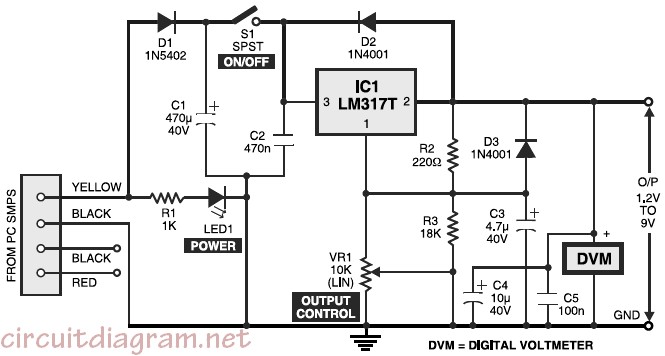 1 9V Variable Desktop Power Supply – Circuit Schematic