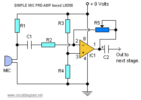 simple mic pre-amp based LM358 – Circuit Schematic