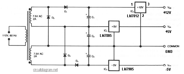 three rails regulated power supply – Circuit Schematic