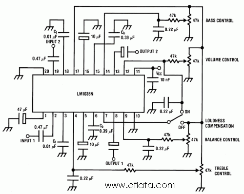 Bass Treble Loudness Tone Control Witha LM1036 – Circuit Schematic