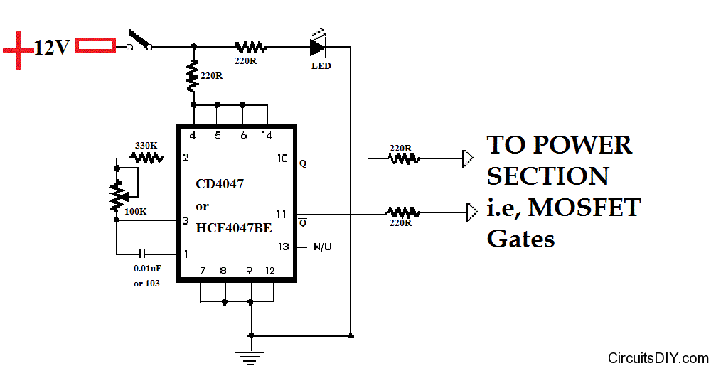 cd4047 based squarewave inverter oscillator – Circuit Schematic