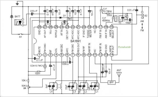 SA1691 AM/FM RADIO IC (WITH AUDIO POWER AMPLIFIER OUTPUT) – Circuit Schematic