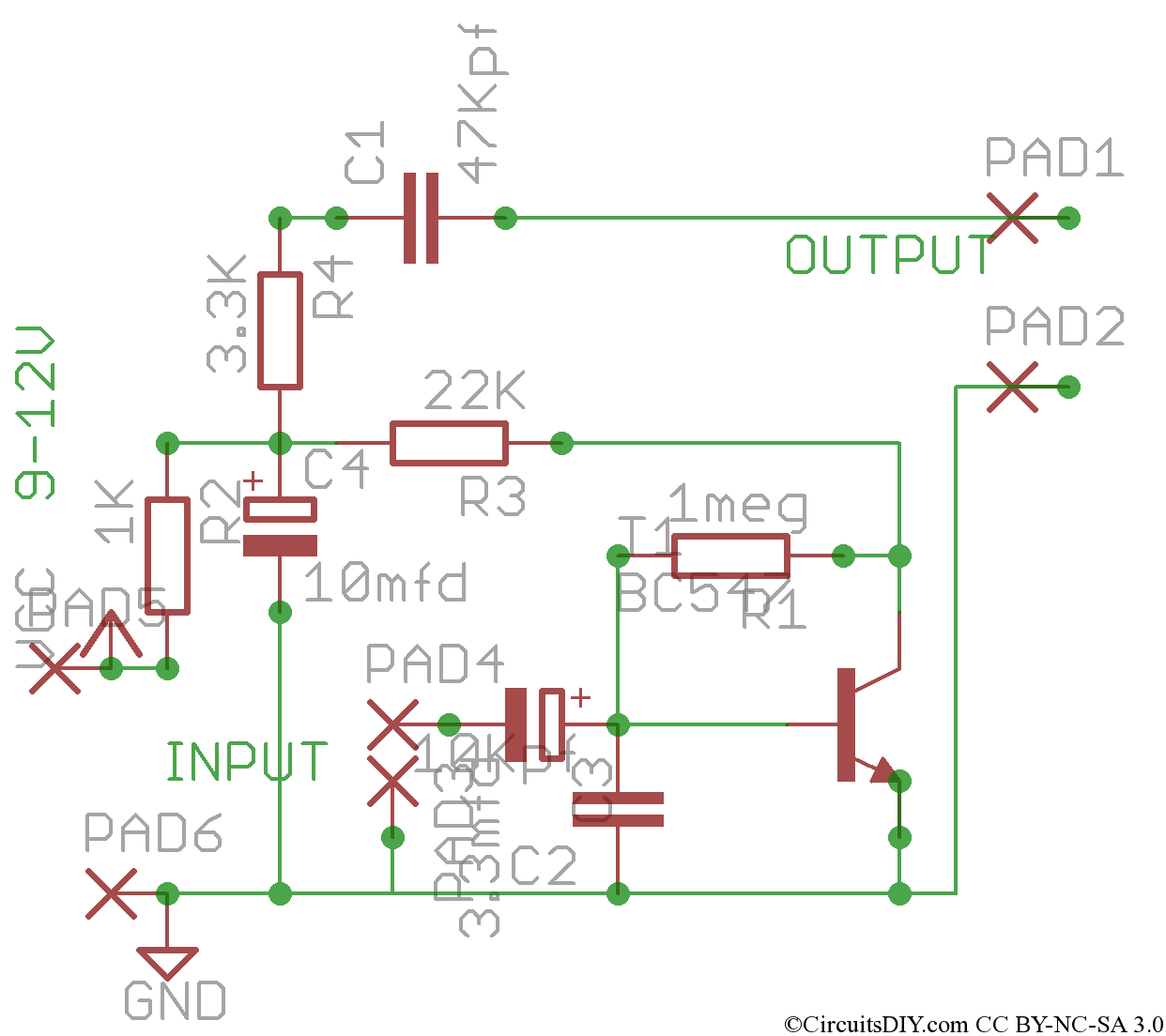 simple preamplifier for microphones tape heads etc – Circuit Schematic
