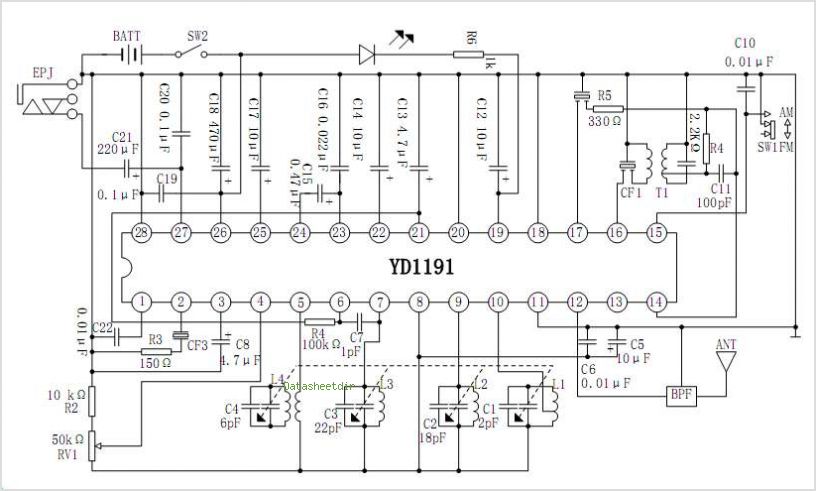 YD1191 SINGLE-CHIP FM/AM RADIO IC – Circuit Schematic