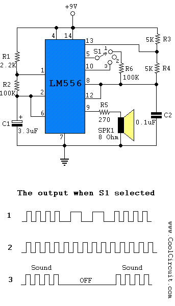 3-state sound generator with LM556 – Circuit Schematic