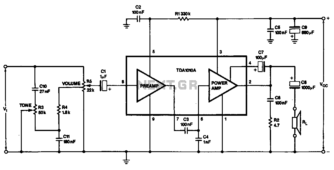 6W-audio-amplifier-with-preamp circuit