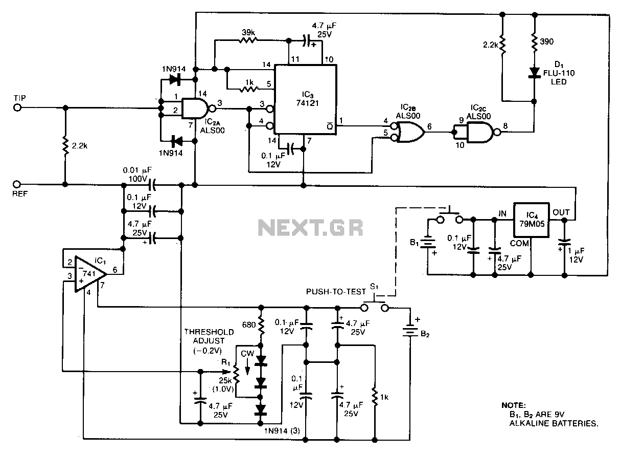 Battery-powered-ground-noise-probe circuit