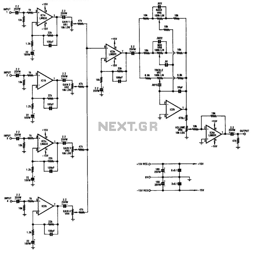 Low Noise 4 Channel Guitar Mixer Circuit