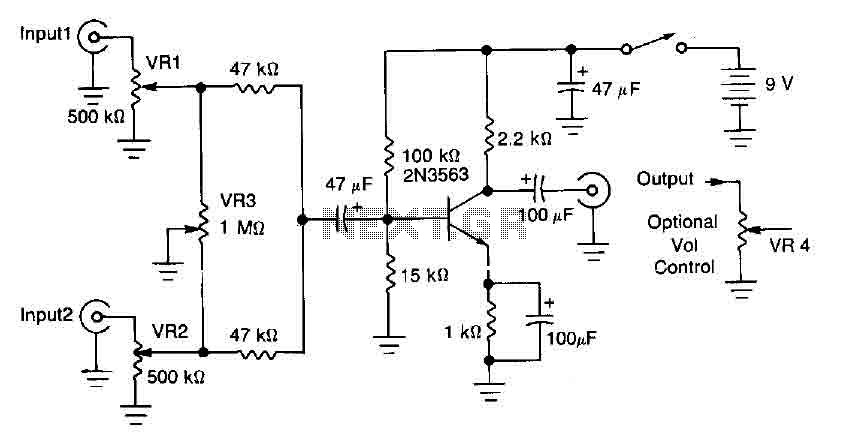 One transistor audio mixer 2N3563 circuit