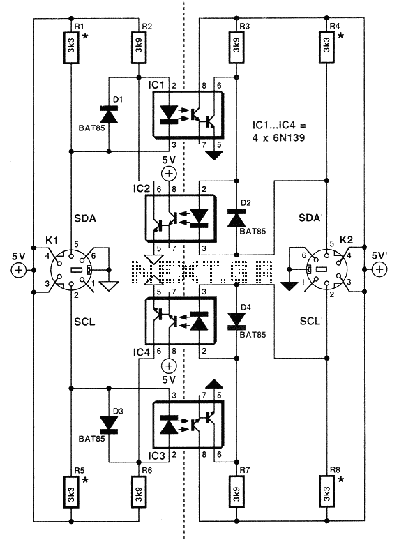 Electrical isolation for the I2C bus with optocouplers circuit
