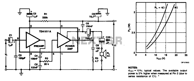 6w audio amplifier with preamplifier circuit