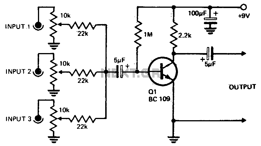 One transistor audio mixer circuit