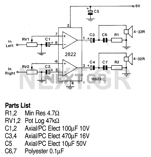 1W stereo Headphone Amp TDA2822 circuit