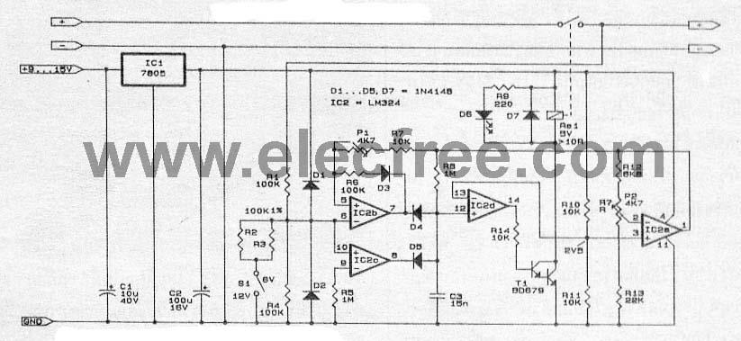 Automatic Battery Charger 6V-12V with Relay cut off by LM324 circuit