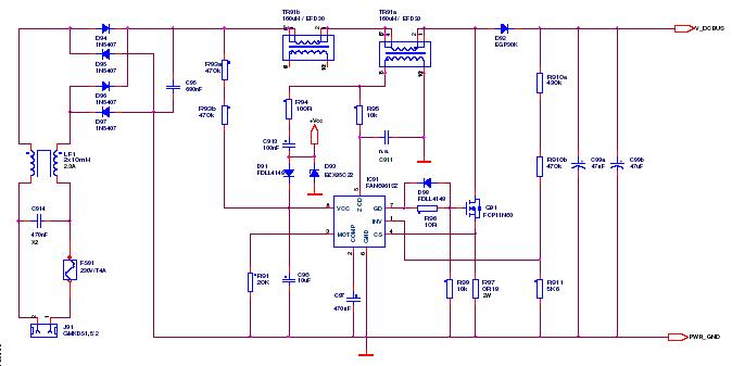 High Power Factor LED Ballast using Fairchild Power Switch for Resonant Half-Bridge Converter – Circuit Schematic