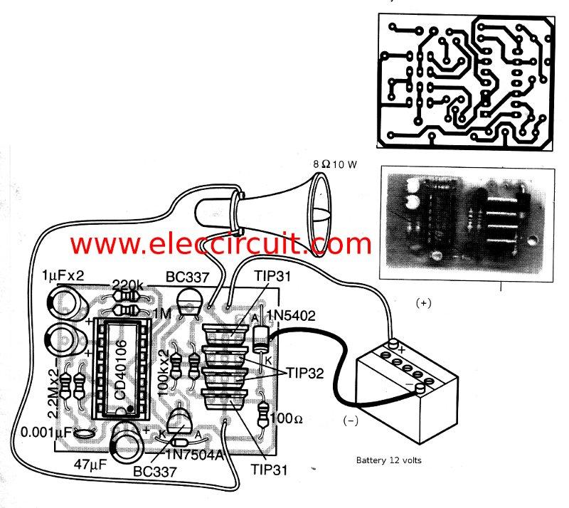  High power siren circuit using CD40106 – Circuit Schematic