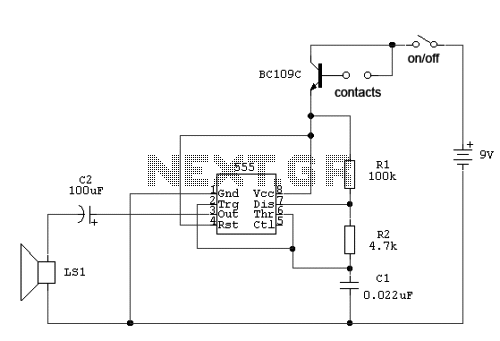 Water triggered alarm system using 555 – Circuit Schematic