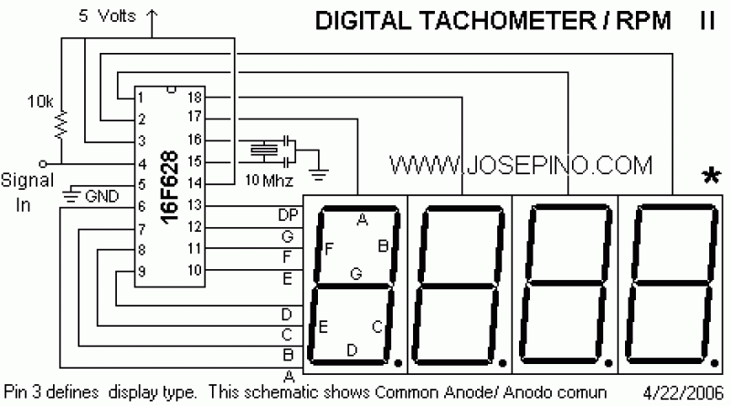 PIC16F628 as digital Tachometer – Circuit Schematic