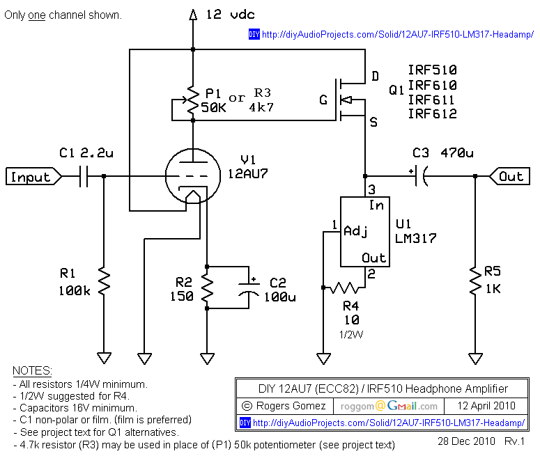 NP-100v12: DIY 12AU7 (ECC82) Tube / IRF510 MOSFET Headphone Amplifier – Circuit Schematic