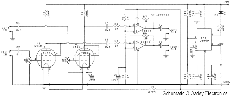 Oatley K272 JAN 6418 Valve (Tube) Preamplifier / Headphone Amp Kit – Circuit Schematic