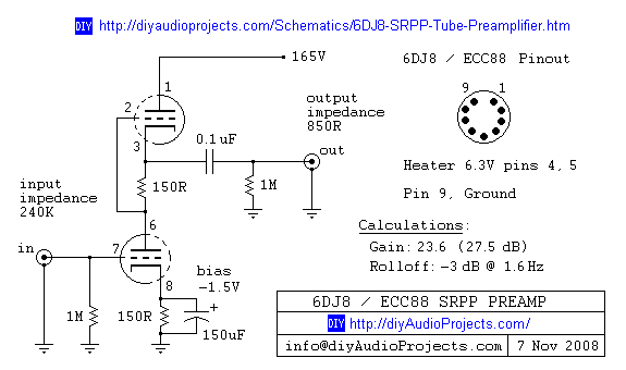 6DJ8 / ECC88 / Symmetrical SRPP Tube Preamplifier Schematic – Circuit Schematic