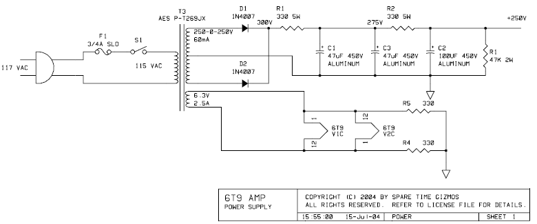 DIY 6T9 Tube (Valve) Single-Ended Amplifier Kit – Circuit Schematic