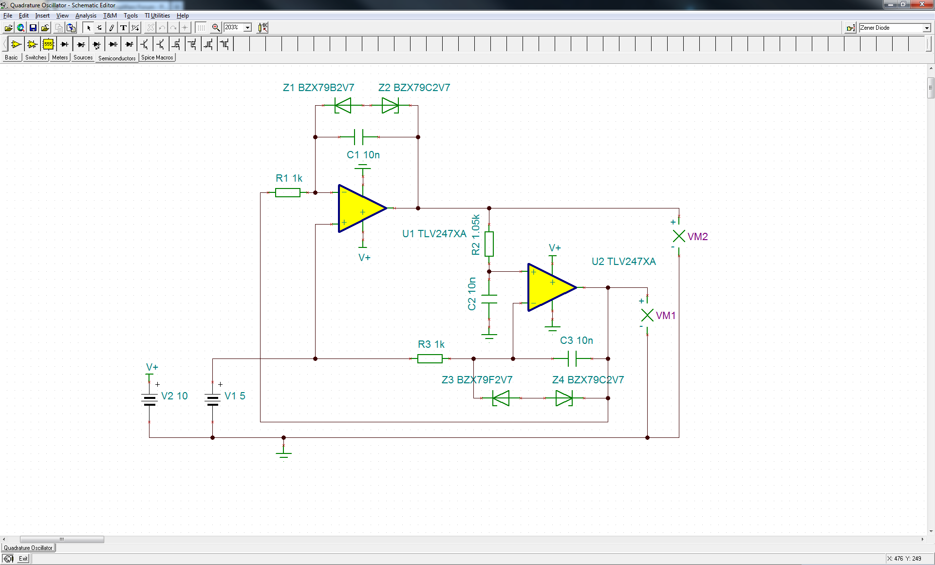 Quadrature Oscillator with TLV2474 – Circuit Schematic