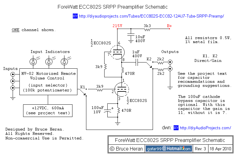 DIY ECC802S (12AU7 / ECC82) Vacuum Tube SRPP Preamplifier – Circuit Schematic