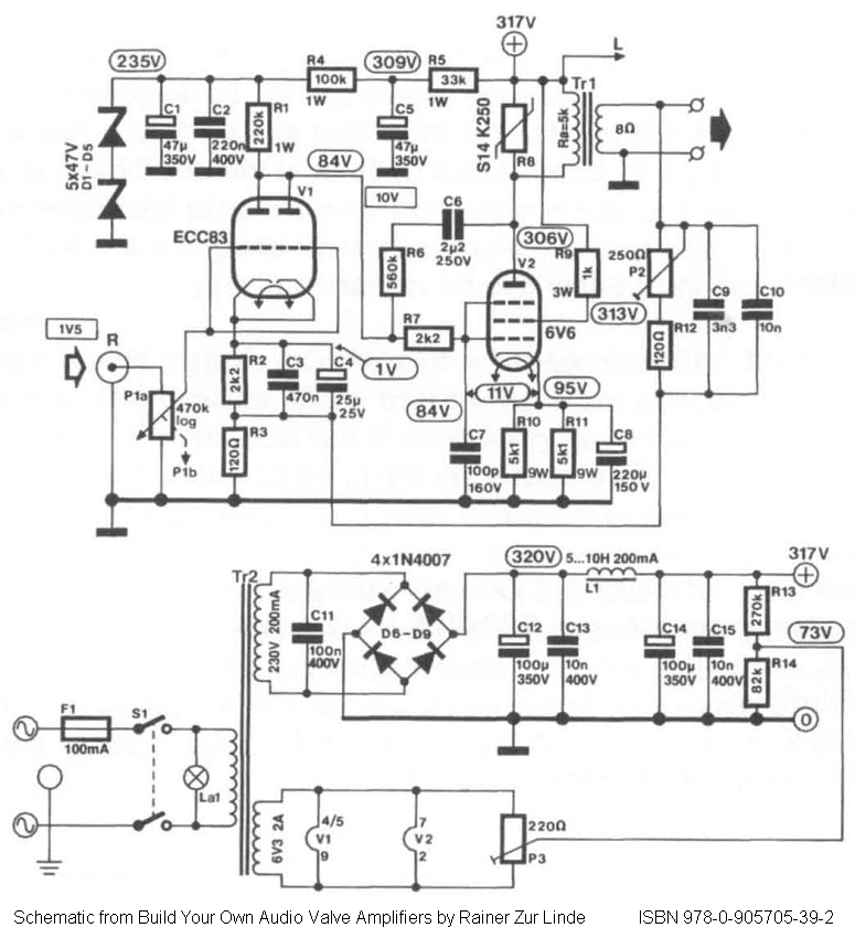 Direct-coupled Single-Ended SE 6V6  6V6GT Tube Amplifier Schematic circuit