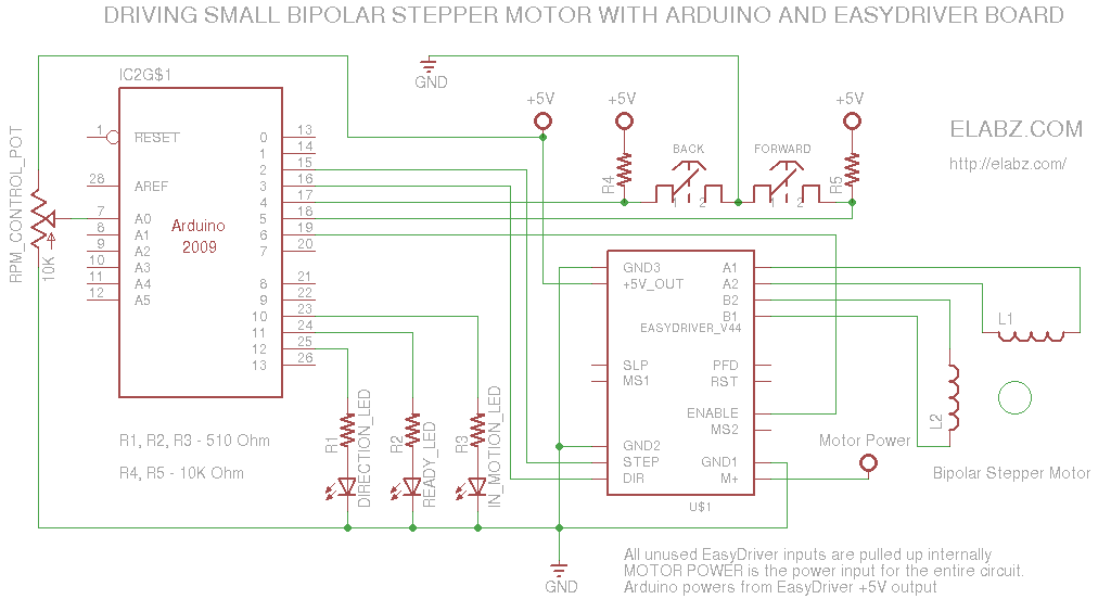 Manually controlling bipolar stepper motor with Arduino and EasyDriver circuit