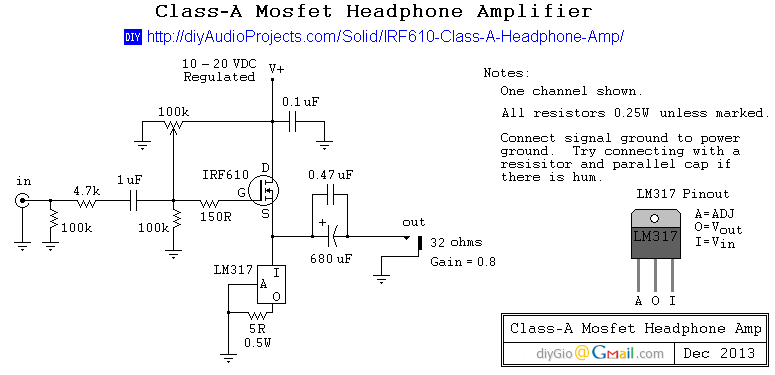DIY IRF610 MOSFET Class-A Headphone Amplifier Project – Circuit Schematic