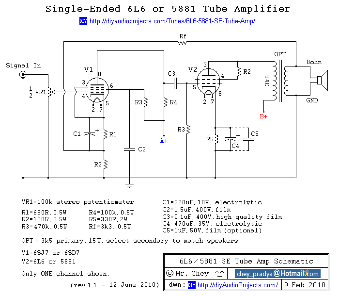 DIY Single-Ended (SE) 6L6 / 5881 Tube Amplifier – Circuit Schematic