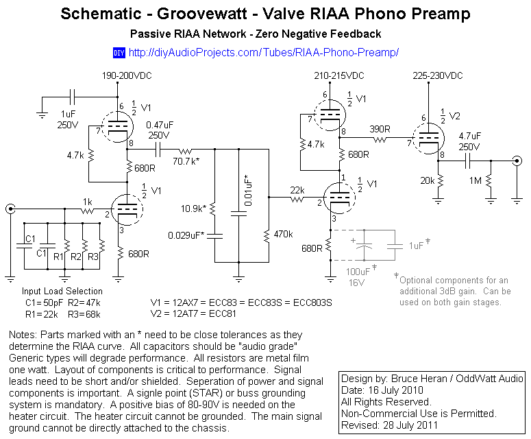 Groovewatt a DIY Vacuum Tube Valve RIAA Phono Preamplifier Project circuit