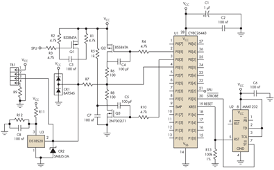 Simple Circuit Interfaces 1-Wire Temperature Sensor To A Microcontroller circuit