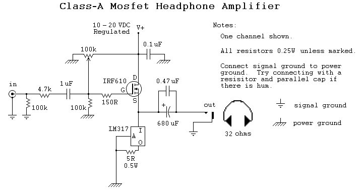 Class-A Mosfet Headphone Amplifier – Circuit Schematic