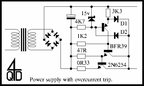 Simple regulated power supply with overcurrent trip circuit