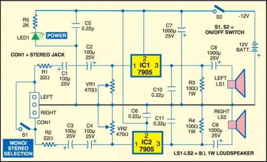 1W Stereo Amplifier With Voltage Regulators – Circuit Schematic