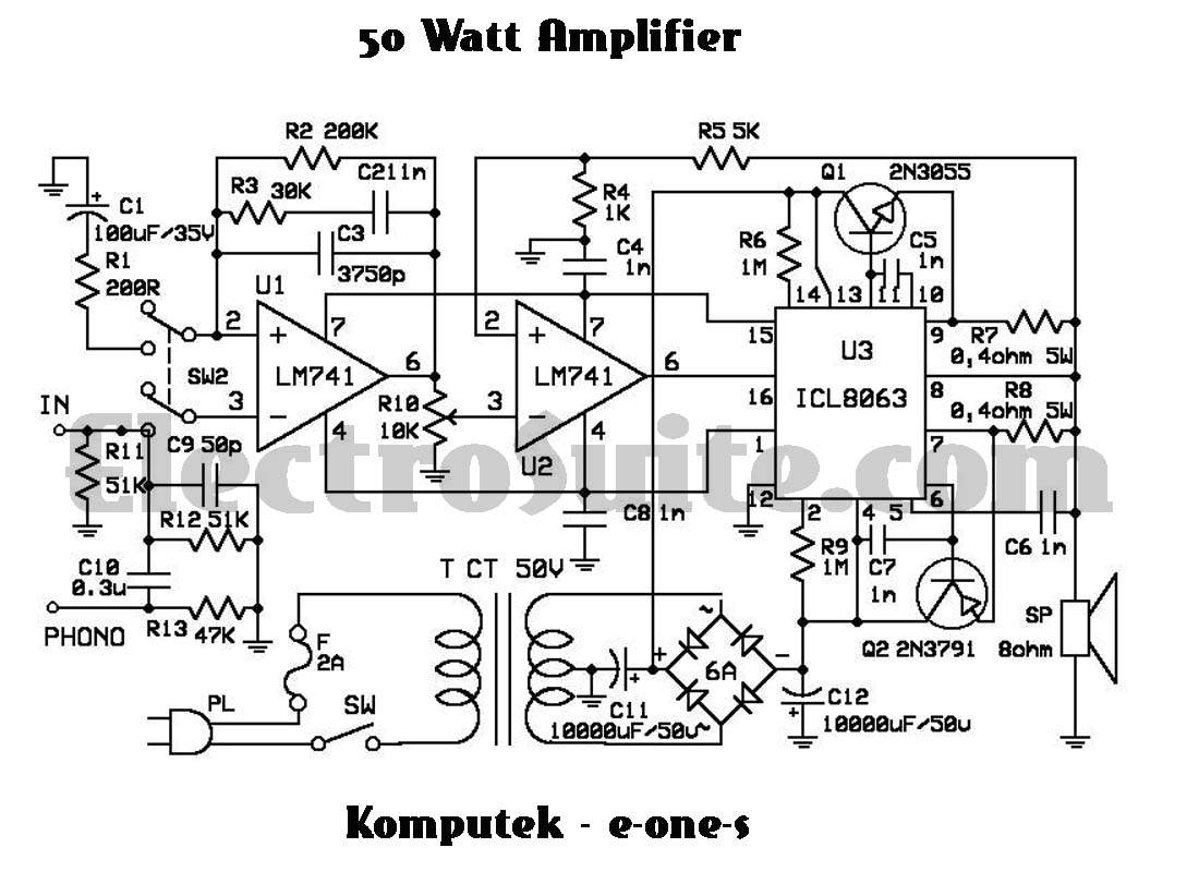 50W Amplifier using ICL8063 – Circuit Schematic