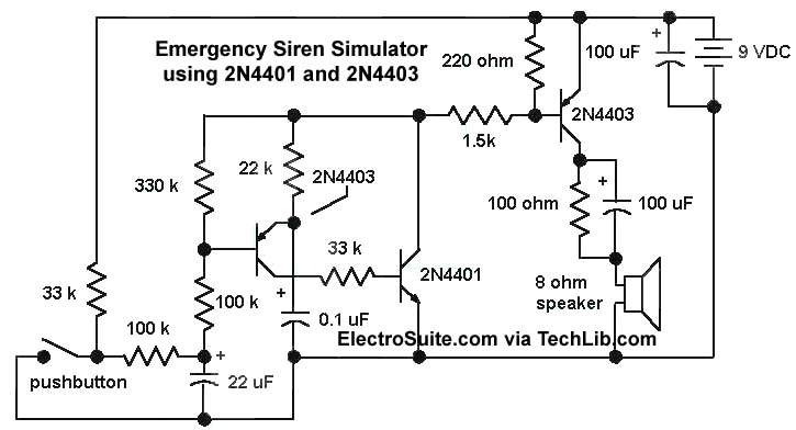 Emergency Siren Simulator using 2N4401 and 2N4403 – Circuit Schematic