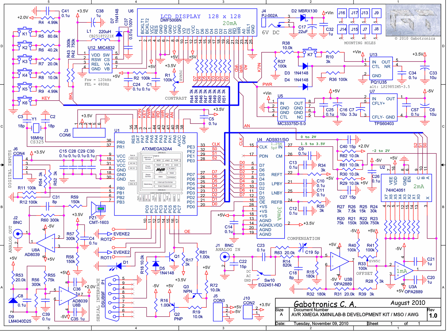 Oscilloscope Xminilab-B on the microcontroller Atmel AVR ATXMEGA32A4 circuit