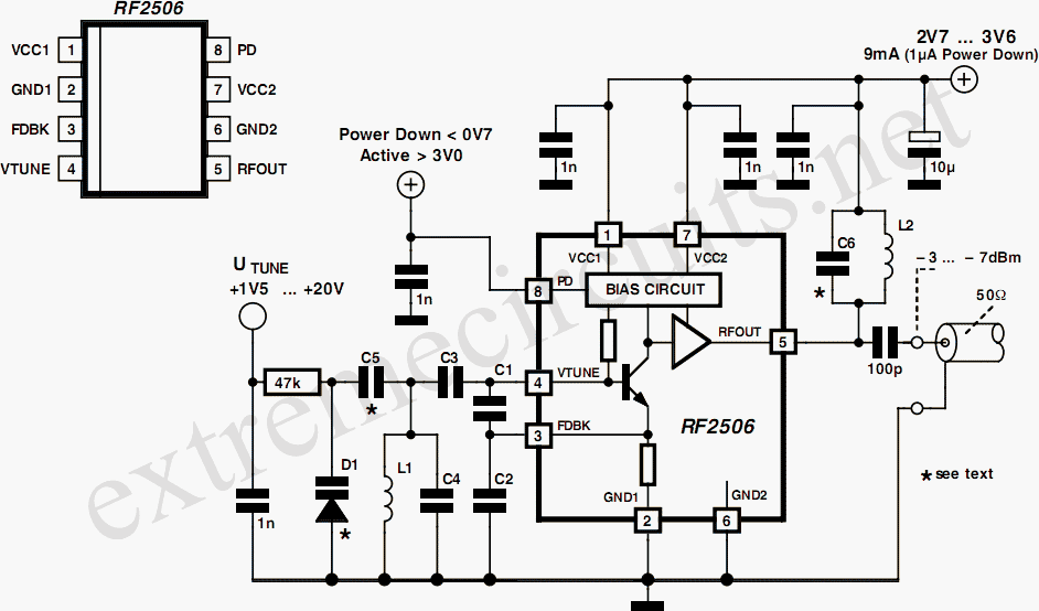 10 to 1000 MHz Oscillator circuit with RF2506 circuit