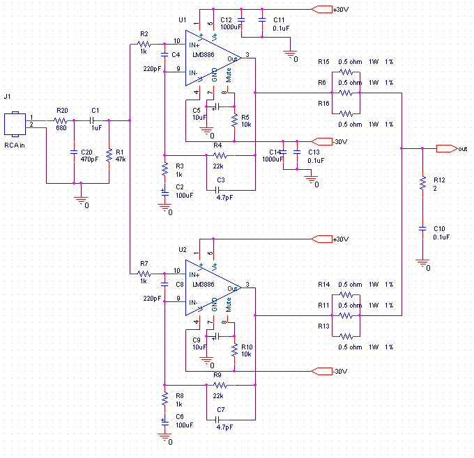 Schematic Diagram 100W 2x LM3886 Audio Power Amplifier circuit